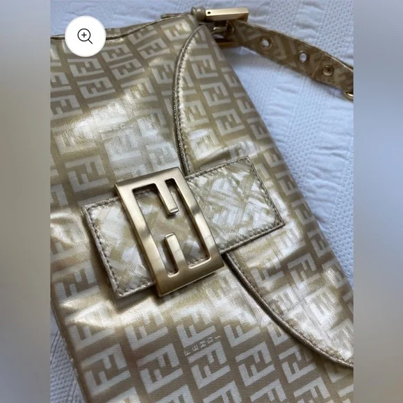 Fendi Baguette Double Flap Bag Zucca FF Canvas Coated Gold Authentic Vintage - Picture 2 of 11